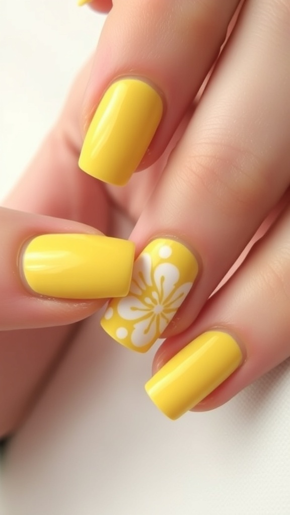 Butter Yellow Nail Art Design Butter yellow nails with floral and geometric designs, elegantly displayed against a neutral background.